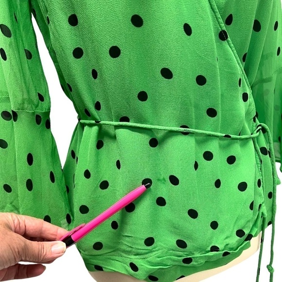 Ganni Dainty Georgette Green Polka Dot Bell Sleeve Wrap Top Women’s EU 36 - Picture 10 of 12